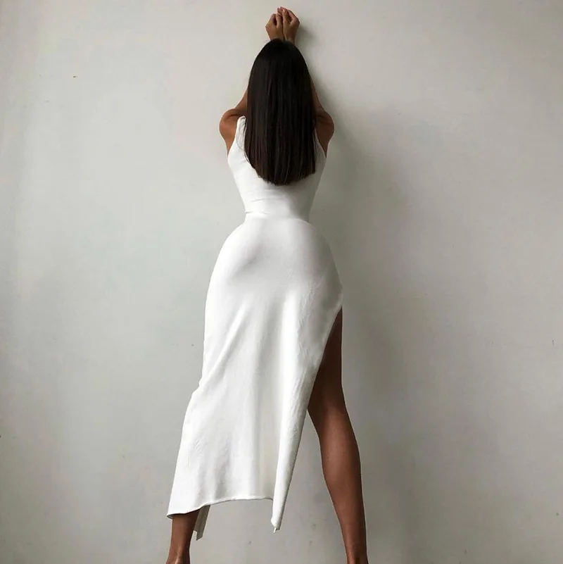 Y2K Fashion Basic White Turtleneck Slim Midi Dresses Women'S Sexy Side Split Sleeveless Bodycon Vintage Elegant Robe 2024 Summer Y2K Fashion Basic White Turtleneck Slim Midi Dresses Women'S Sexy Side Split Sleeveless Bodycon Vintage Elegant Robe 2024 Summer - Image 8