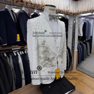 Sparkly Beaded Men Suits 3 Pieces Luxury Jewelry Bridegroom Groom Tuxedos Male Bespoke Prom Blazer Slim Fit trajes para hombre
