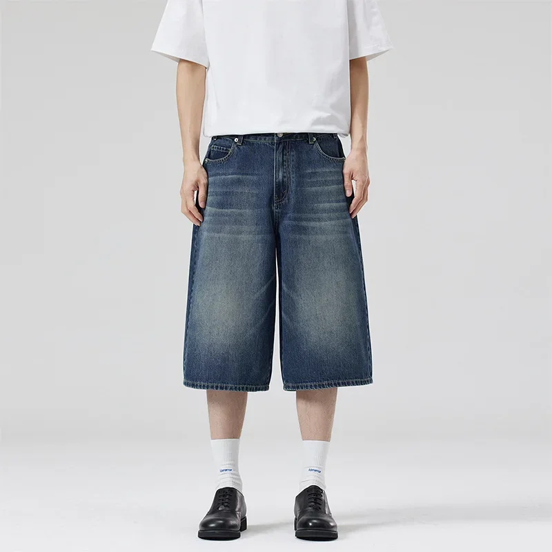 2025 Summer American Lightning Crack Denim Cropped Pants Men'S Straight Loose Wide-Leg Shorts Street Baggy Casual Pants 2025 Summer American Lightning Crack Denim Cropped Pants Men'S Straight Loose Wide-Leg Shorts Street Baggy Casual Pants - Image 3
