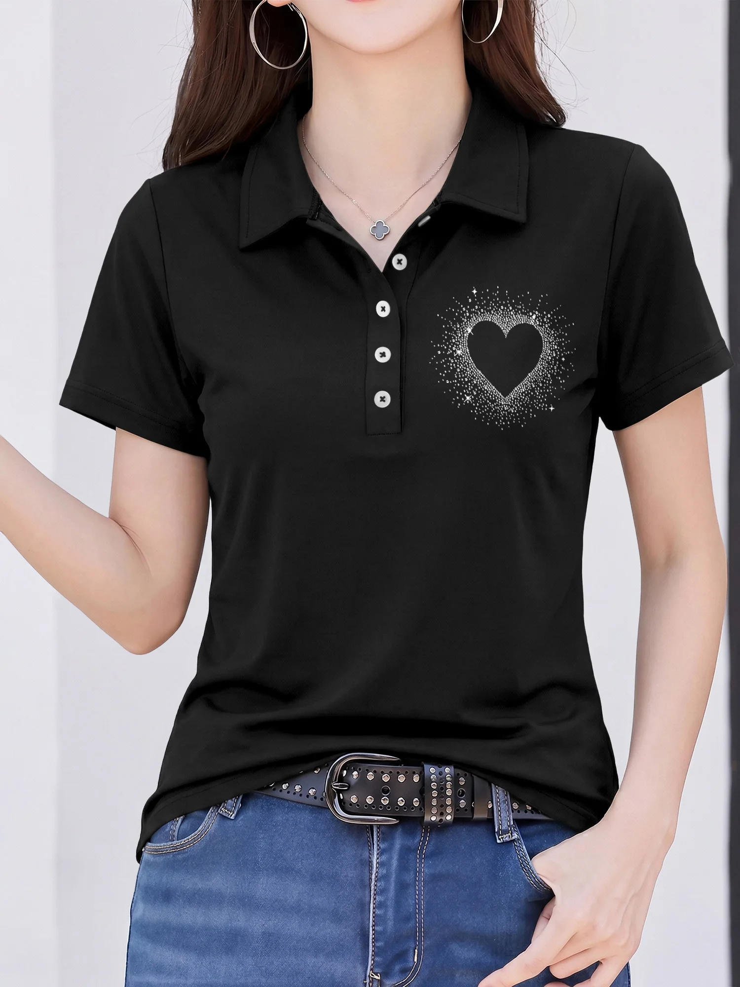 Sparkling Star Rhinestone Heart Print Women Polo Shirts Lapel Short Sleeve Slim Elegant Summer Daily Casual Tops Sparkling Star Rhinestone Heart Print Women Polo Shirts Lapel Short Sleeve Slim Elegant Summer Daily Casual Tops