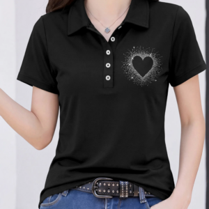 Sparkling Star Rhinestone Heart Print Women Polo Shirts Lapel Short Sleeve Slim Elegant Summer Daily Casual Tops