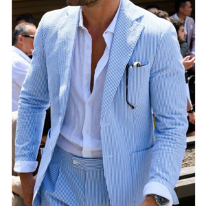 2 Pieces Sky Blue Men Suits Seersucker  Suits Notched Lapel Summer Leisure Beach Jacket+Pant  Groom Wedding Tuxedos