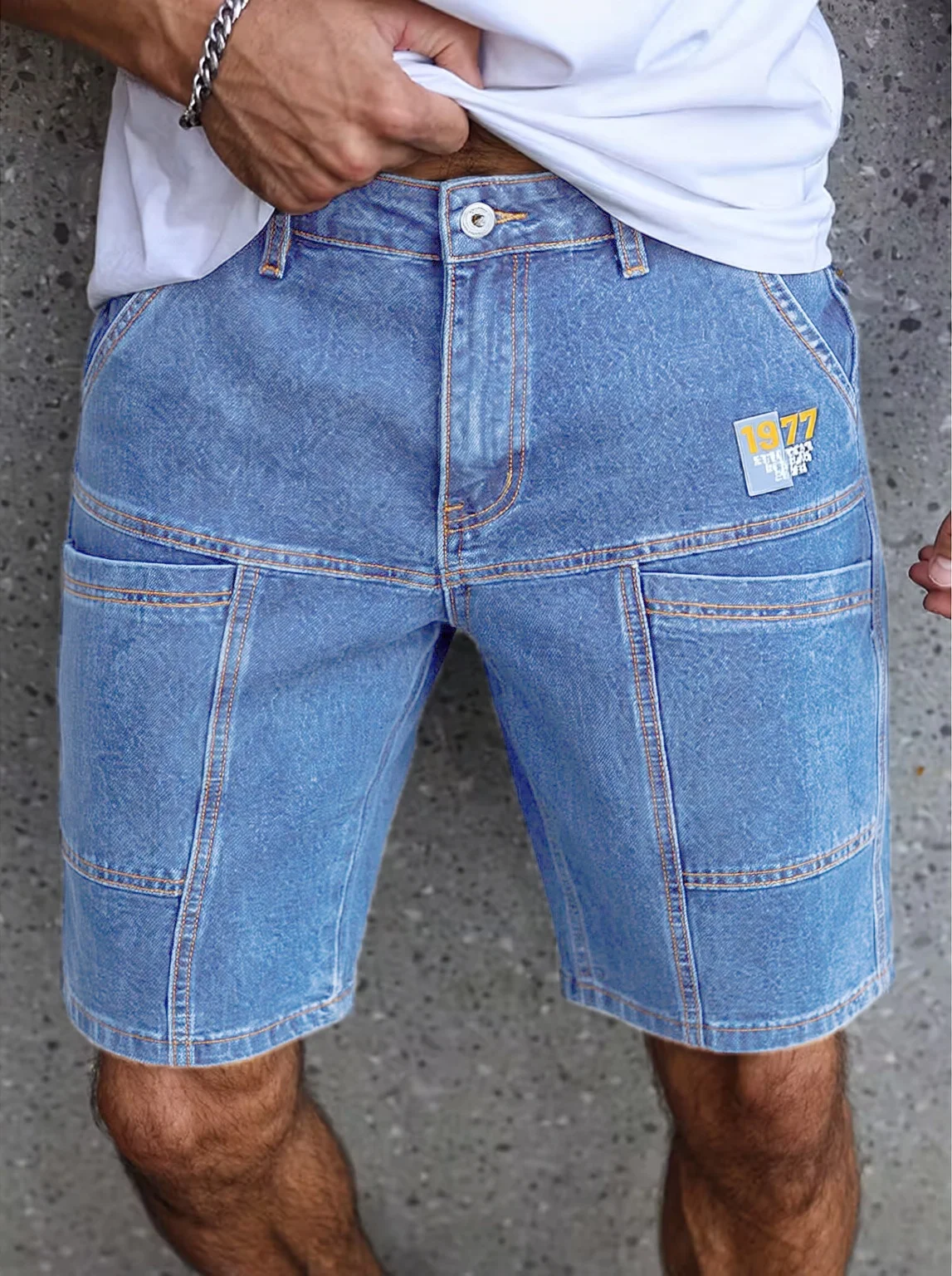 Men'S Summer Loose Straight Denim Shorts American Workwear Patchwork Style Casual Cargo Mid-Rise Shorts Men'S Summer Loose Straight Denim Shorts American Workwear Patchwork Style Casual Cargo Mid-Rise Shorts - Image 3