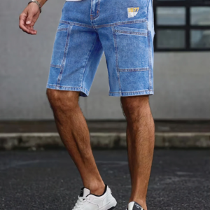 Men's Summer Loose Straight Denim Shorts American Workwear Patchwork Style Casual Cargo Mid-Rise Shorts