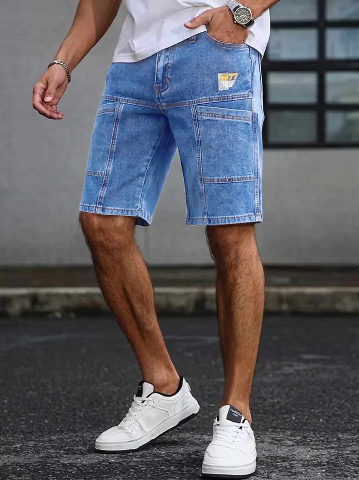 Men'S Summer Loose Straight Denim Shorts American Workwear Patchwork Style Casual Cargo Mid-Rise Shorts Men'S Summer Loose Straight Denim Shorts American Workwear Patchwork Style Casual Cargo Mid-Rise Shorts