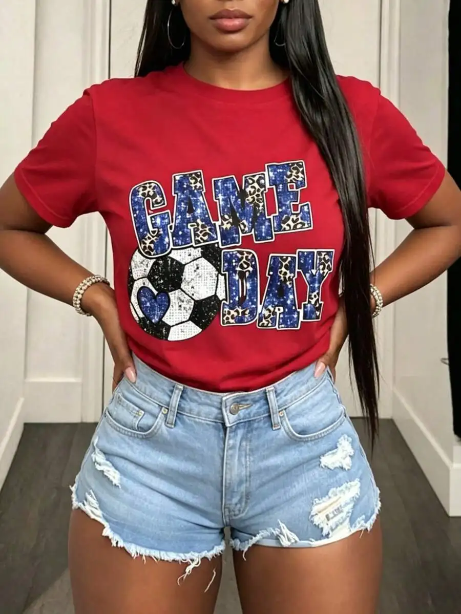 Sports‑Vibe Women Short‑Sleeve T‑Shirt Crew Neck Game Day Soccer Fan Heart Pattern Print Team Support Daily Wear Tops Sports‑Vibe Women Short‑Sleeve T‑Shirt Crew Neck Game Day Soccer Fan Heart Pattern Print Team Support Daily Wear Tops - Image 3