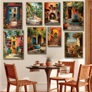 Mexikanischer Innenhof, bunte lateinamerikanische Häuser, Architektur, Kaktus, Poster, Leinwandgemälde, Druck für Wohnzimmer, Heimdekoration, Cuadros