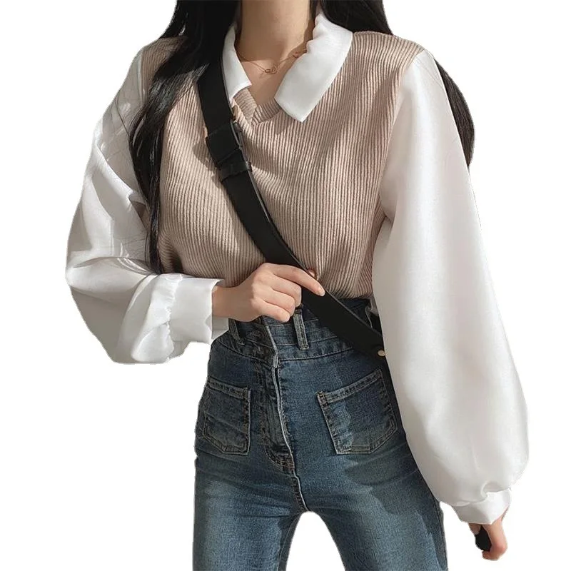 Damen Plus-Size Studenten-T-Shirt, Zweiteiliges Design Mit Polokragen, Langarm-Oberteil, Schlankmachendes Sweatshirt, Locker Sitzendes Oberteil, Mädchenkleidung Damen Plus-Size Studenten-T-Shirt, Zweiteiliges Design Mit Polokragen, Langarm-Oberteil, Schlankmachendes Sweatshirt, Locker Sitzendes Oberteil, Mädchenkleidung - Image 5