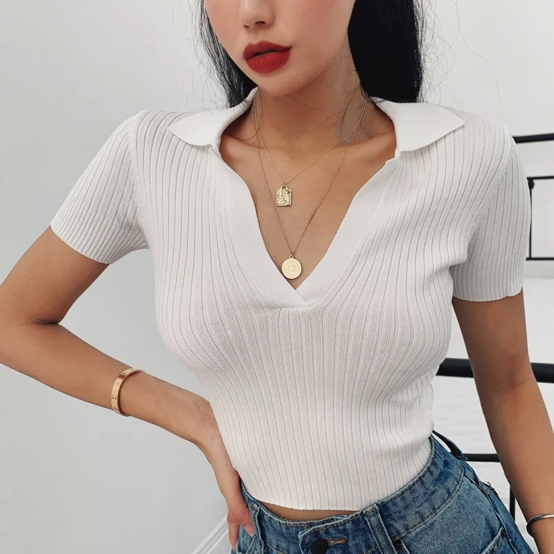 Womens Summer French Polo Knit Top Vintage Short Sleeve V Neck Slim Fit Crop Shirt Sexy Casual Solid Color Blouse Womens Summer French Polo Knit Top Vintage Short Sleeve V Neck Slim Fit Crop Shirt Sexy Casual Solid Color Blouse - Image 9