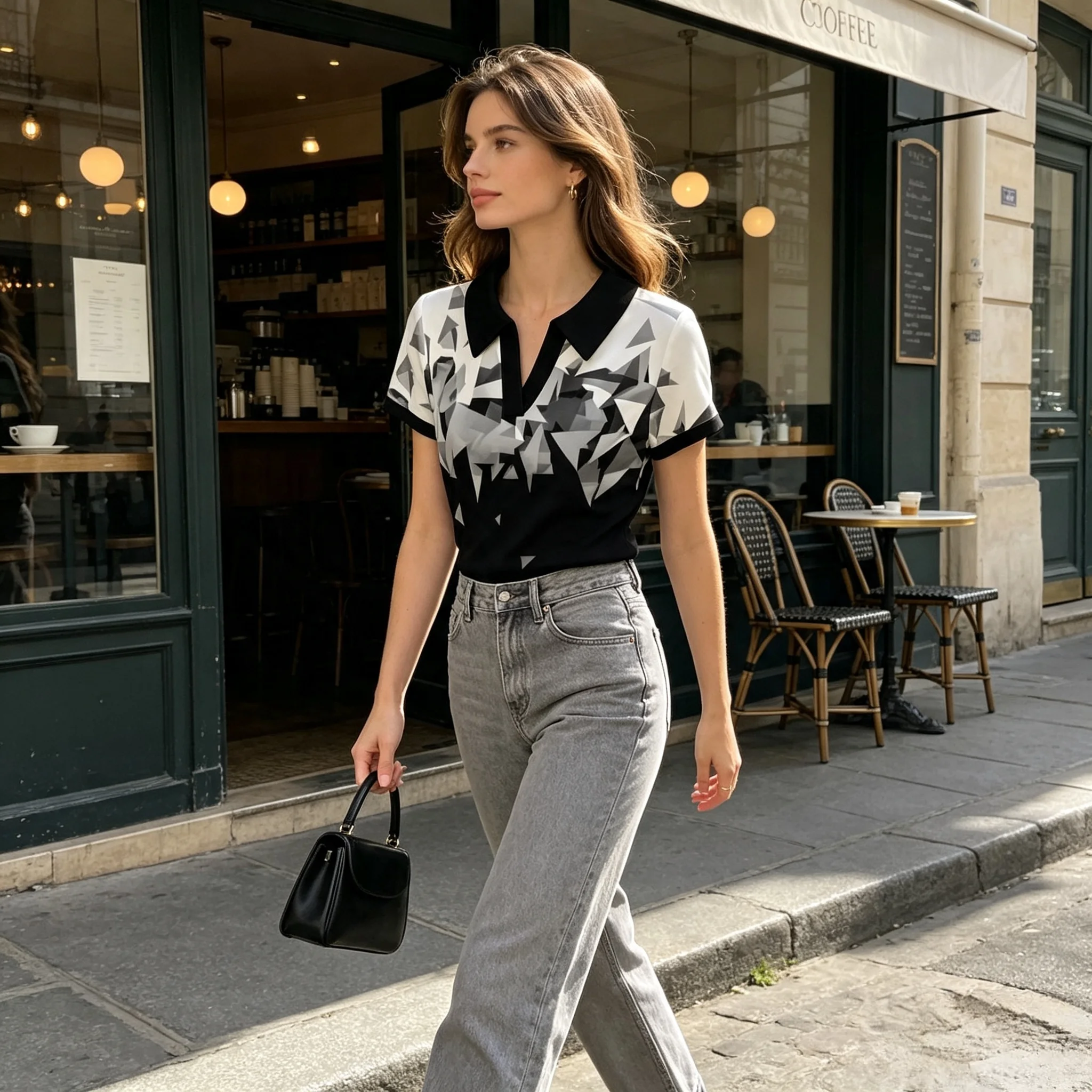 2026Black And White Geometric Printpoloshirt,Vcollarpoloshirt,Casual Loosetshirt 2026Black And White Geometric Printpoloshirt,Vcollarpoloshirt,Casual Loosetshirt - Image 7