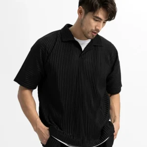 Miyake Pleated Men Polo Shirt Short-sleeved Lapel T Shirt Breathable Loose Casual Plain Top Miyake Men