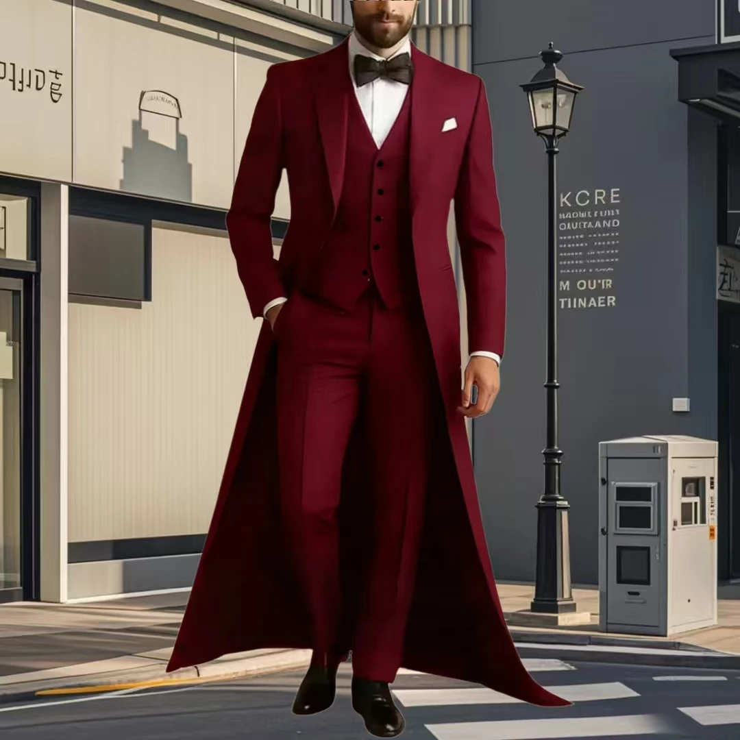 Long Jacket Business Formal Men Suit Groom Groomsman Tailored Costume Homme 3-Piece Fashion Clothing Set Jacket Pants Vest Long Jacket Business Formal Men Suit Groom Groomsman Tailored Costume Homme 3-Piece Fashion Clothing Set Jacket Pants Vest