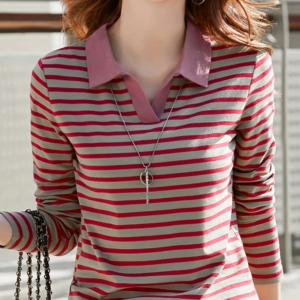 Women's striped pattern solid color lapel design long-sleeved POLO shirt casual daily knitted top machine washable not dry