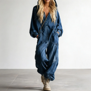 Modischer und lässiger Herbst-Jumpsuit für Damen mit Kapuze, hoher Taille, langen Ärmeln, großen Taschen und weiten Hosenbeinen.