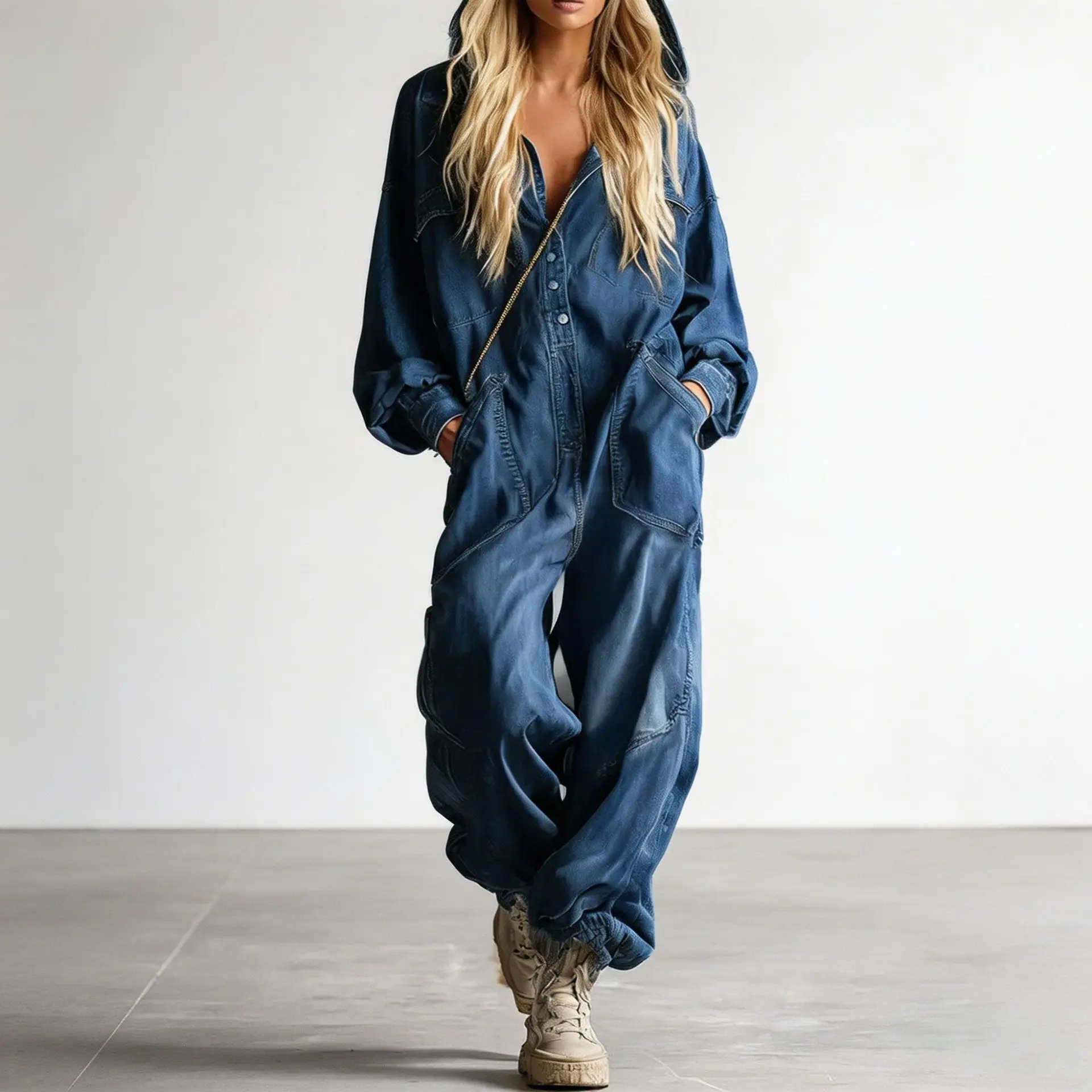Modischer Und Lässiger Herbst-Jumpsuit Für Damen Mit Kapuze, Hoher Taille, Langen Ärmeln, Großen Taschen Und Weiten Hosenbeinen. Modischer Und Lässiger Herbst-Jumpsuit Für Damen Mit Kapuze, Hoher Taille, Langen Ärmeln, Großen Taschen Und Weiten Hosenbeinen.