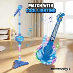 Elektrische Gitarre für Kinder mit Mikrofonständer-Set, Musikinstrument-Spielset mit Lichtern zum Singen, Lernspielzeug