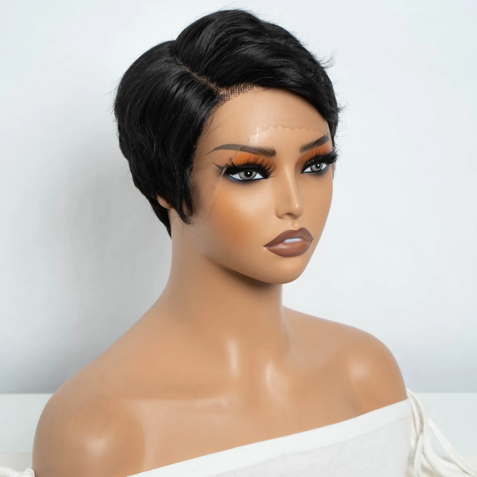 Lekker Schwarze Kurze Pixie-Perücke 13X1 C-Part Lace Front 100% Echthaar-Perücken Für Frauen Klebefreie Brasilianische Remy-Haar Glatte Perücken Lekker Schwarze Kurze Pixie-Perücke 13X1 C-Part Lace Front 100% Echthaar-Perücken Für Frauen Klebefreie Brasilianische Remy-Haar Glatte Perücken - Image 3