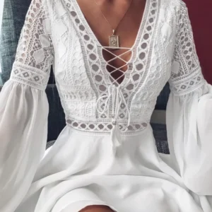 Women's A Line Dress Short Mini Dress White Black Red Long Sleeve Solid Color Ruffle Patchwork Chiffon Spring Summer Slim V Neck