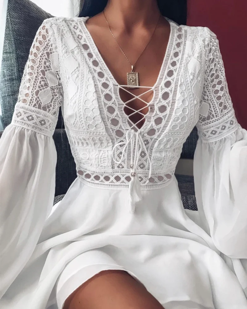 Women'S A Line Dress Short Mini Dress White Black Red Long Sleeve Solid Color Ruffle Patchwork Chiffon Spring Summer Slim V Neck Women'S A Line Dress Short Mini Dress White Black Red Long Sleeve Solid Color Ruffle Patchwork Chiffon Spring Summer Slim V Neck