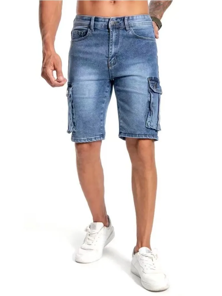 Summer Men'S Stretch Slim Denim Shorts Casual Cargo Shorts With Large Pockets Solid Color Fashion Light Blue Jeans Shorts Male Summer Men'S Stretch Slim Denim Shorts Casual Cargo Shorts With Large Pockets Solid Color Fashion Light Blue Jeans Shorts Male - Image 3