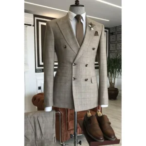 Herren Anzug 2-teilig khaki kariert, zweireihig, spitzes Revers (Sakko + Hose)