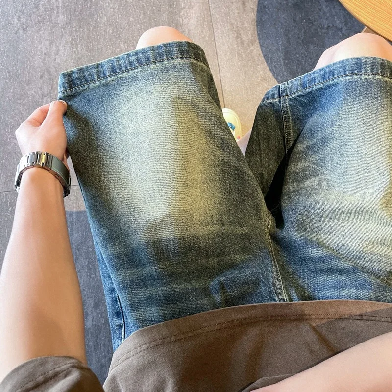 Summer Retro Washed Distressed Baggy Jorts Men'S High Street Fashion Straight Jeans Shorts Y2K Casual Blue Denim Short Pants Summer Retro Washed Distressed Baggy Jorts Men'S High Street Fashion Straight Jeans Shorts Y2K Casual Blue Denim Short Pants - Image 2
