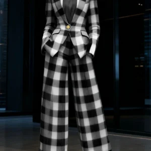 Plaid Print Lapel Single Button Blazer And High Waist Wide Leg Pants Two Piece Formal Business Matching Suit For Women Office Outfit Set