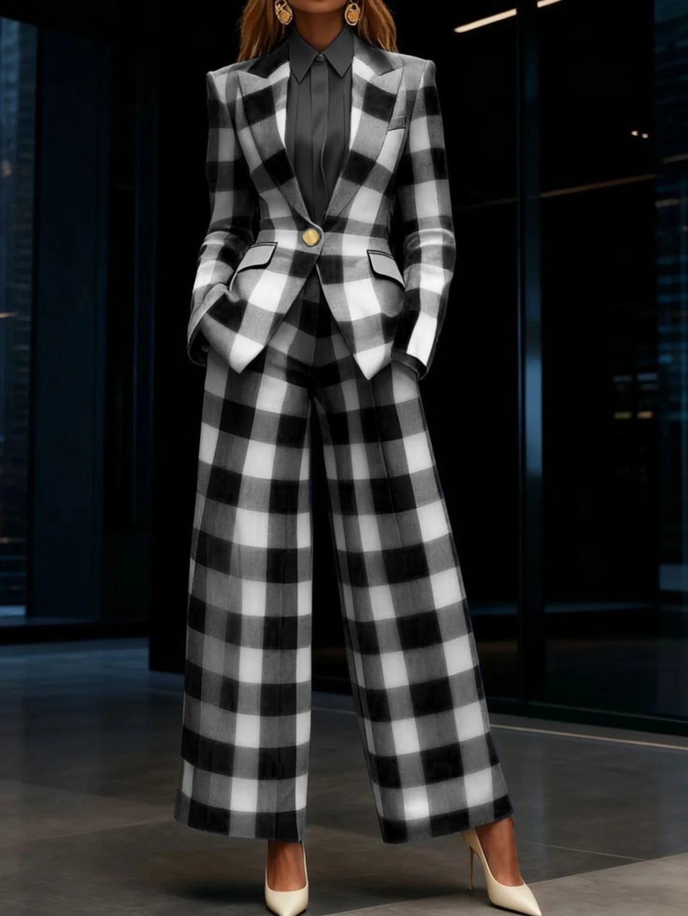 Damen Business-Anzug Kariert: Blazer Mit Einem Knopf Und Hochtaillierte Weite Hose Damen Business-Anzug Kariert: Blazer Mit Einem Knopf Und Hochtaillierte Weite Hose