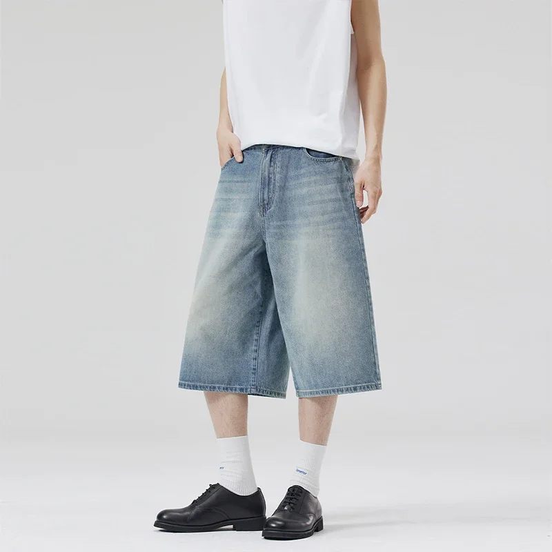 2025 Summer American Lightning Crack Denim Cropped Pants Men'S Straight Loose Wide-Leg Shorts Street Baggy Casual Pants 2025 Summer American Lightning Crack Denim Cropped Pants Men'S Straight Loose Wide-Leg Shorts Street Baggy Casual Pants - Image 4