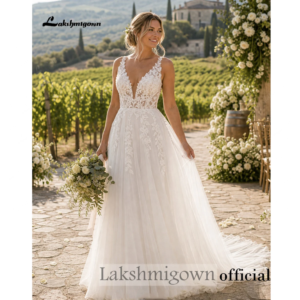 Lakshmigown Sexy Boho Country Tulle Illusion Wedding Dress Deep V‑Neck Sleeveless Lace Appliques Tulle Bridal Gown Customized Lakshmigown Sexy Boho Country Tulle Illusion Wedding Dress Deep V‑Neck Sleeveless Lace Appliques Tulle Bridal Gown Customized – Bild 6