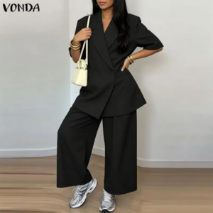 VONDA Solid Color Korean Style Sets Elegant Business Suit Women Short Sleeve Blazer Wide Leg Pants Loose Casual Matching Set