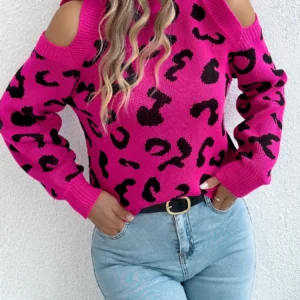 Damen Off-Shoulder Leopardenmuster Oberteile 2026 Lässiger Rollkragenpullover mit Langen Laternenärmeln Gestrickte Pullover für Herbst Winter Khaki Rose