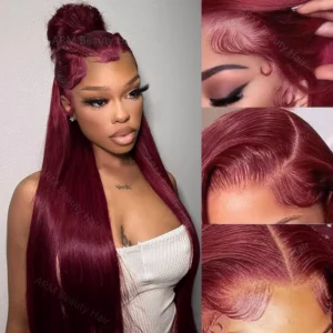 99J Burgunderrote Lace-Front-Perücken aus Echthaar, 13x6 Gerade Lace-Frontal-Perücken aus Echthaar, Vorgezupft mit Babyhaar, Weinrot Gefärbt