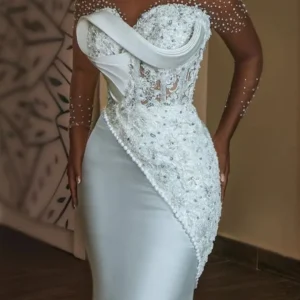Pearls Beaded Mermaid African Wedding Dress Sheer O-neck Long Sleeves Aso Ebi Engagement Gowns Corset vestido de Customized
