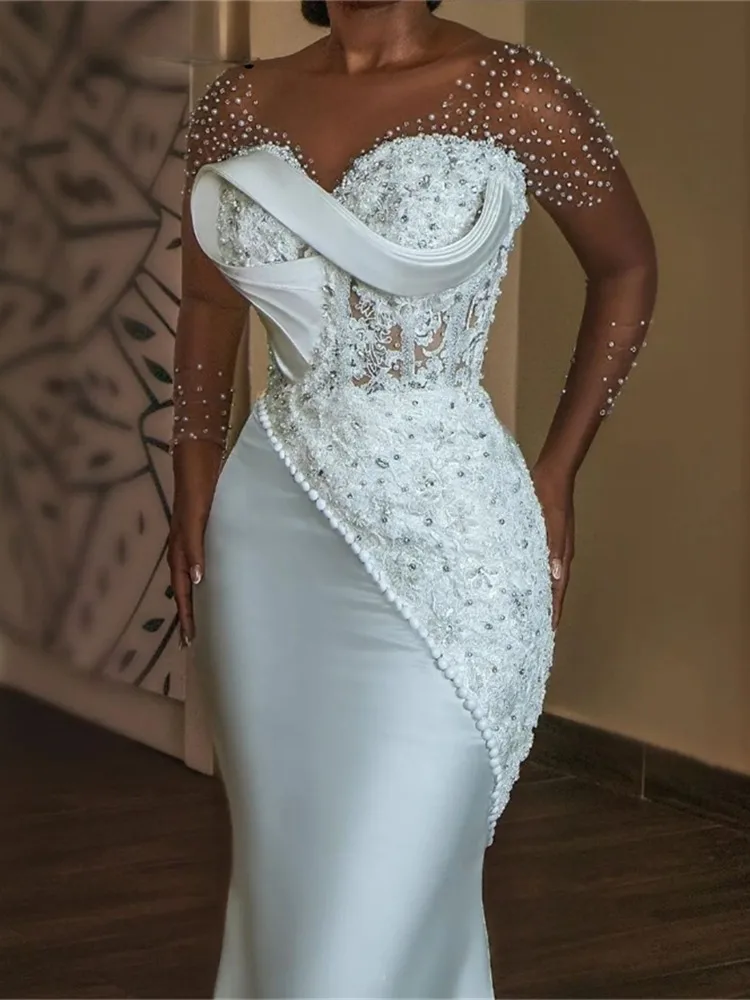 Pearls Beaded Mermaid African Wedding Dress Sheer O-Neck Long Sleeves Aso Ebi Engagement Gowns Corset Vestido De Customized Pearls Beaded Mermaid African Wedding Dress Sheer O-Neck Long Sleeves Aso Ebi Engagement Gowns Corset Vestido De Customized