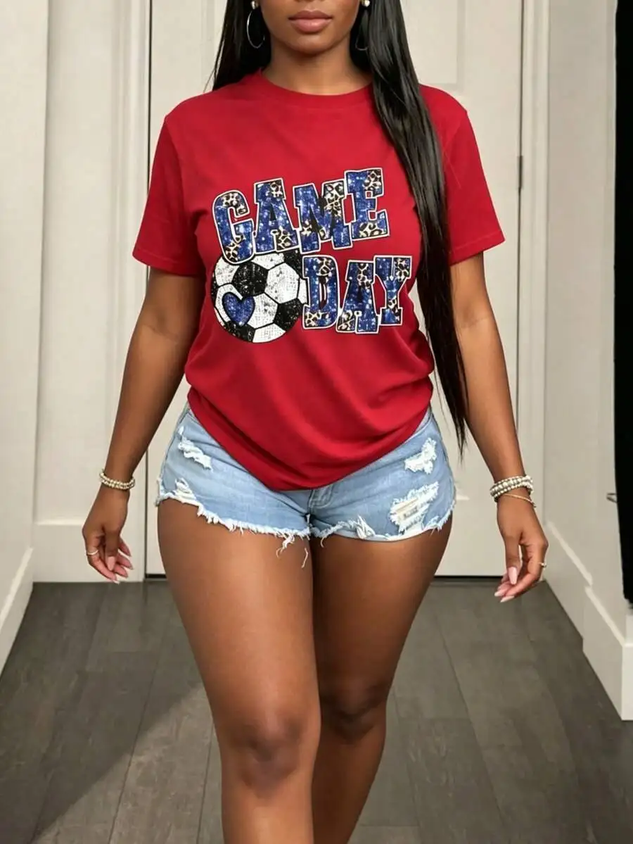 Sports‑Vibe Women Short‑Sleeve T‑Shirt Crew Neck Game Day Soccer Fan Heart Pattern Print Team Support Daily Wear Tops Sports‑Vibe Women Short‑Sleeve T‑Shirt Crew Neck Game Day Soccer Fan Heart Pattern Print Team Support Daily Wear Tops - Image 4