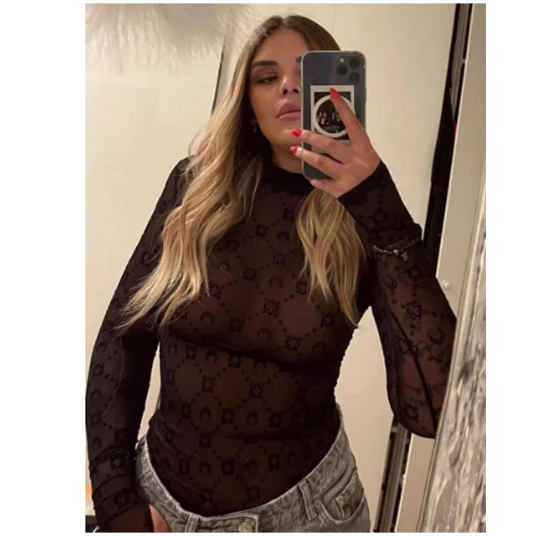 Women Tshirt Long Sleeve Korean Sexy Sweet Spicy Top Hollow Out Mesh Plush Moon Print Street Shorts Mushroom Edge Tight Fit Women Tshirt Long Sleeve Korean Sexy Sweet Spicy Top Hollow Out Mesh Plush Moon Print Street Shorts Mushroom Edge Tight Fit - Image 4