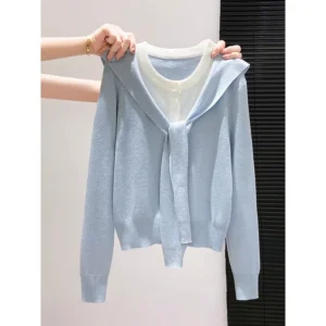 Damen Kontrastfarben Gefälschter Zweiteiler Strickoberteil mit Schal Locker Lässiger Langarm-Pullover Frühherbst-Bluse