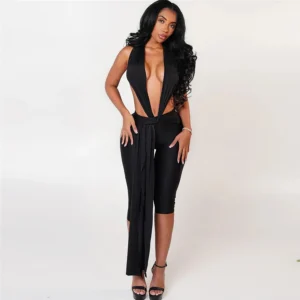 Damen Dessous Bodycon Jumpsuit Einfarbig Ärmellos Tiefer V-Ausschnitt Neckholder Langer Einteiler Rückenfreier Bodycon Schlafanzug Playsuit