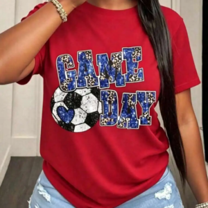Sports‑Vibe Women Short‑Sleeve T‑Shirt Crew Neck Game Day Soccer Fan Heart Pattern Print Team Support Daily Wear Tops