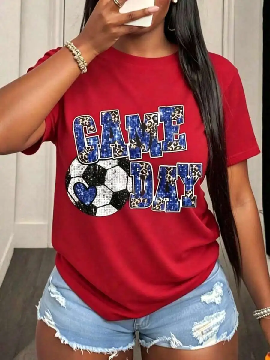 Sports‑Vibe Women Short‑Sleeve T‑Shirt Crew Neck Game Day Soccer Fan Heart Pattern Print Team Support Daily Wear Tops Sports‑Vibe Women Short‑Sleeve T‑Shirt Crew Neck Game Day Soccer Fan Heart Pattern Print Team Support Daily Wear Tops