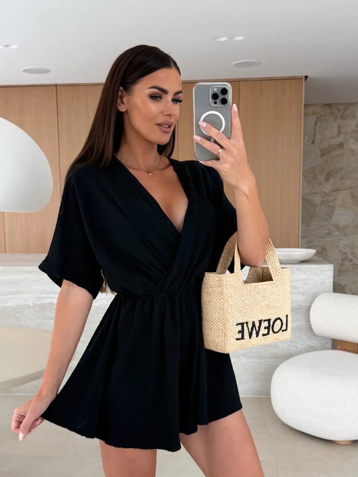 V Neck Short Sleeve Wrap Romper Textured Flowy Playsuit Elastic Waist Summer Jumpsuit V Neck Short Sleeve Wrap Romper Textured Flowy Playsuit Elastic Waist Summer Jumpsuit - Image 3