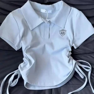 Women's Summer Slim Fit Polo Shirt Ruched Adjustable Drawstring Crop Top Heart Graphic Casual Tee polo tops polo shirt women