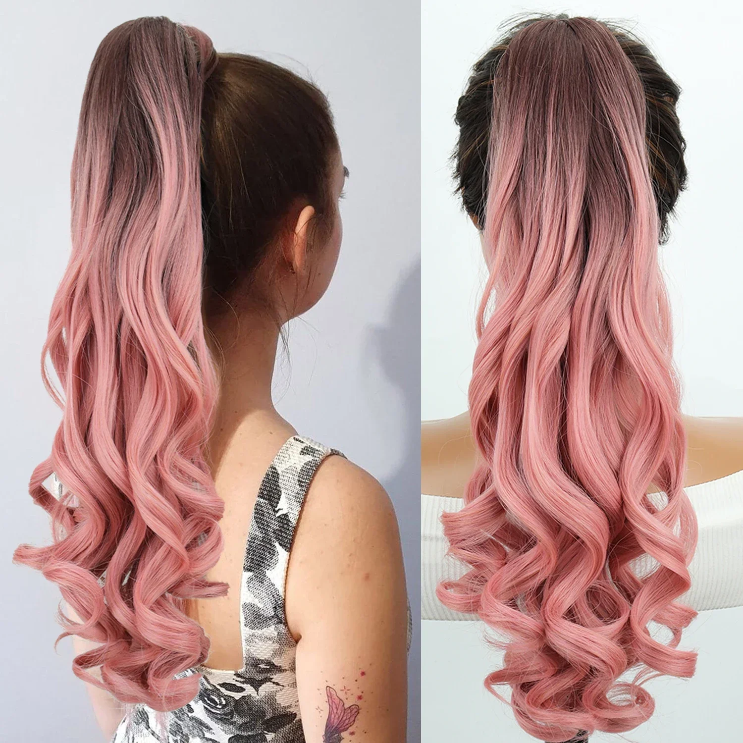 Synthetische braune rosa Pferdes chwanz Haar verlängerung 22 Zoll lange gewellte Pferdes chwanz Haar teile Klaue Clip Schachtel halm für Frauen Party täglichen Gebrauch – Bild 9