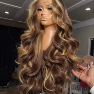 34 Zoll Ombre Honigblonde Echthaarperücke 13x4 Highlight Body Wave Lace Front Perücke 5x5 vorgezupft mit Baby Hair, sofort tragbar