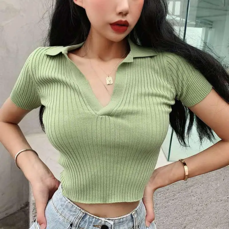 Womens Summer French Polo Knit Top Vintage Short Sleeve V Neck Slim Fit Crop Shirt Sexy Casual Solid Color Blouse Womens Summer French Polo Knit Top Vintage Short Sleeve V Neck Slim Fit Crop Shirt Sexy Casual Solid Color Blouse - Image 6