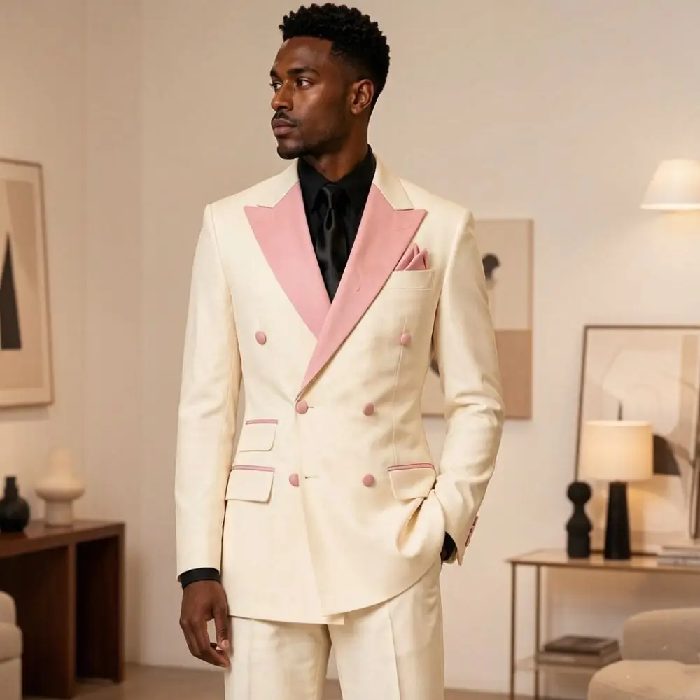 Elegant Double Breasted White Suits For Men Luxury Satin Lapel Groom 2 Pieces Mix Match Separates Hotel Wedding Banquet Style Elegant Double Breasted White Suits For Men Luxury Satin Lapel Groom 2 Pieces Mix Match Separates Hotel Wedding Banquet Style - Image 9