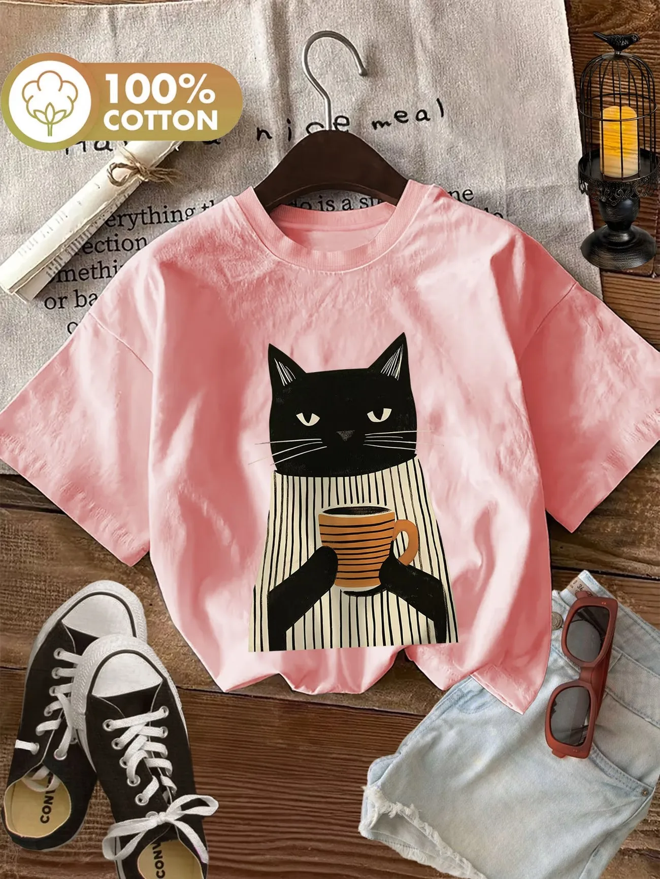 Cute Black Cat With Coffee 100% Cotton Women'S T-Shirt Soft Crew Neck Short Sleeve Top Tee Shirt Oversized Funny Female Trendy Cute Black Cat With Coffee 100% Cotton Women'S T-Shirt Soft Crew Neck Short Sleeve Top Tee Shirt Oversized Funny Female Trendy - Image 3