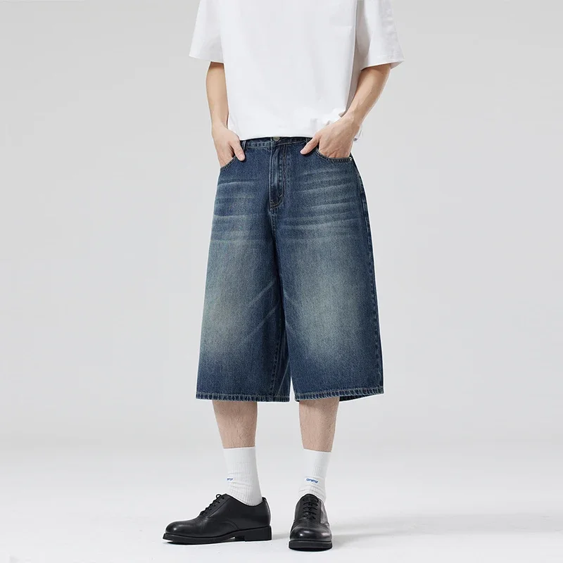 2025 Summer American Lightning Crack Denim Cropped Pants Men'S Straight Loose Wide-Leg Shorts Street Baggy Casual Pants 2025 Summer American Lightning Crack Denim Cropped Pants Men'S Straight Loose Wide-Leg Shorts Street Baggy Casual Pants - Image 2