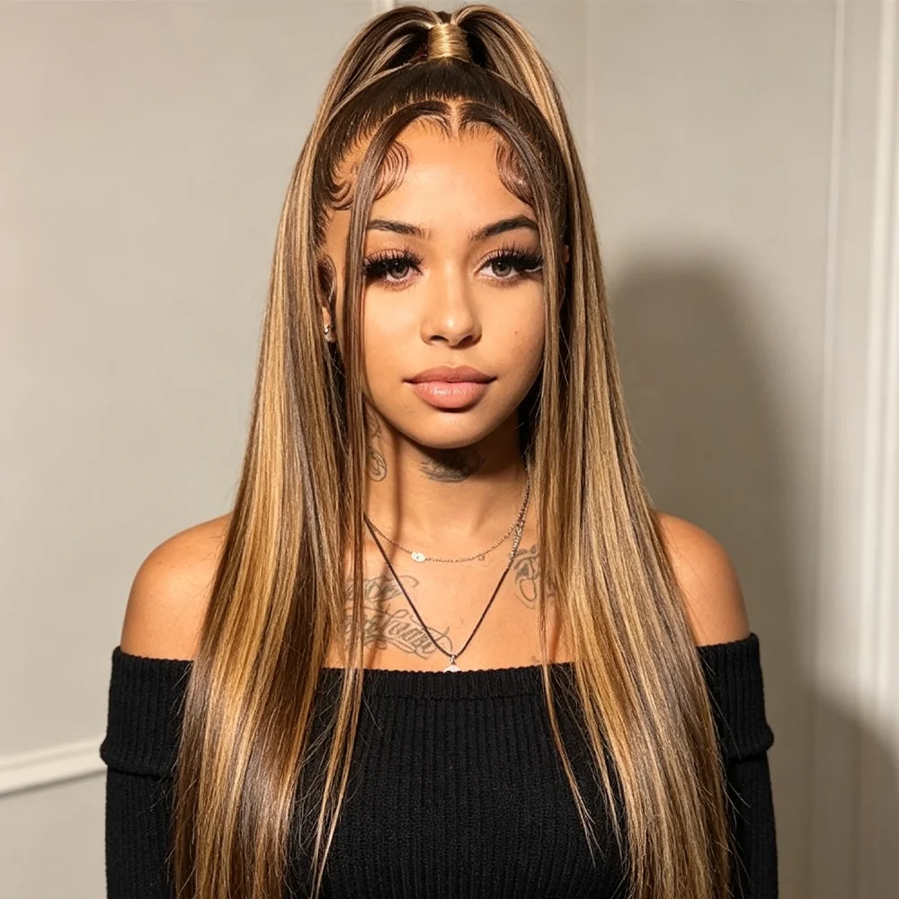 P4/27 200 Density Glatte Echthaarperücken Für Damen Im Angebot Highlight 13X4 Hd Lace Frontal Echthaarperücke 5X5 Hd Lace Closure Perücke P4/27 200 Density Glatte Echthaarperücken Für Damen Im Angebot Highlight 13X4 Hd Lace Frontal Echthaarperücke 5X5 Hd Lace Closure Perücke - Image 2